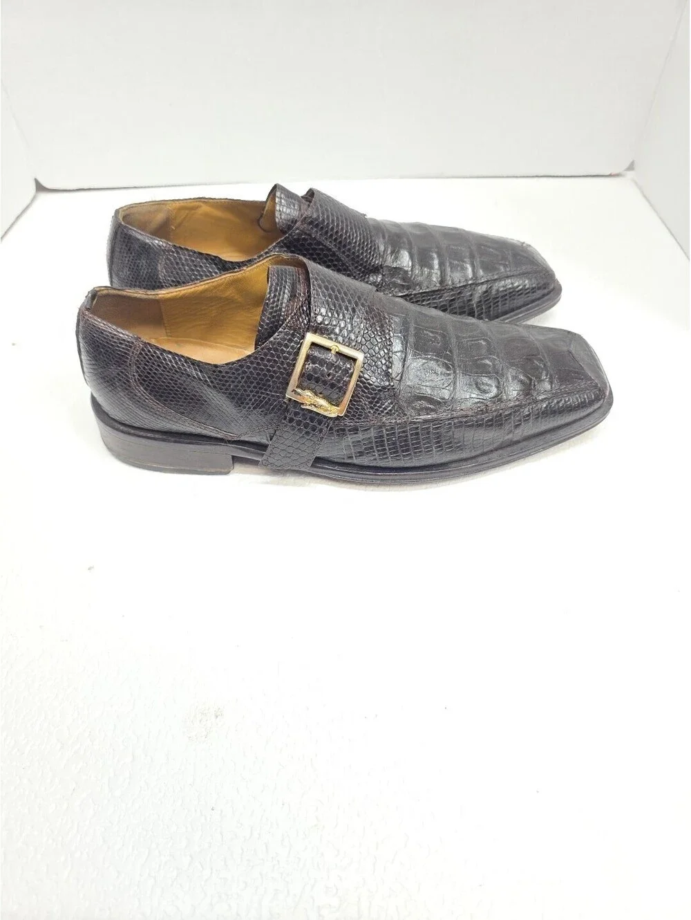 DAVID EDEN Brown Crocodile Lizard Slip On 10  Gold Buckle